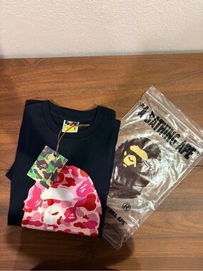 Bape Kids Black Tee with Pink & Red Camo Ape Head
